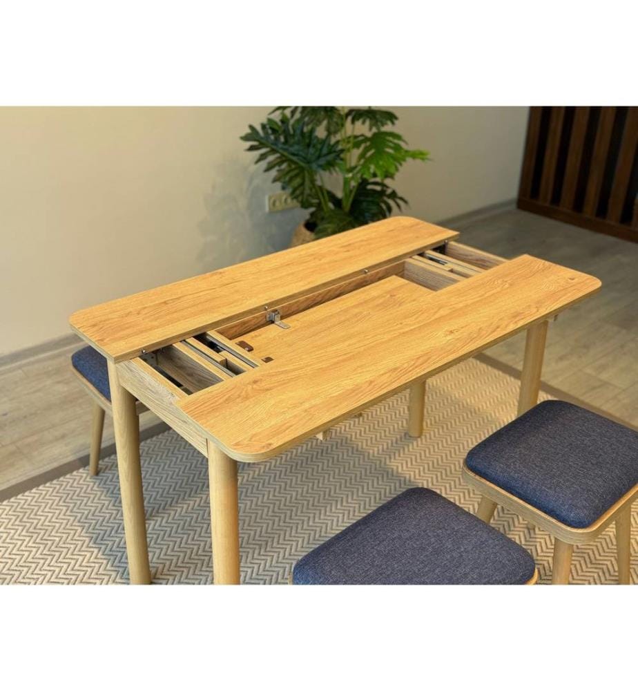 Extendable Dining Table & Chairs Set, 6 Pieces, Oak, Dark Blue, 100% MELAMINE COATED PARTICLE BOARD
