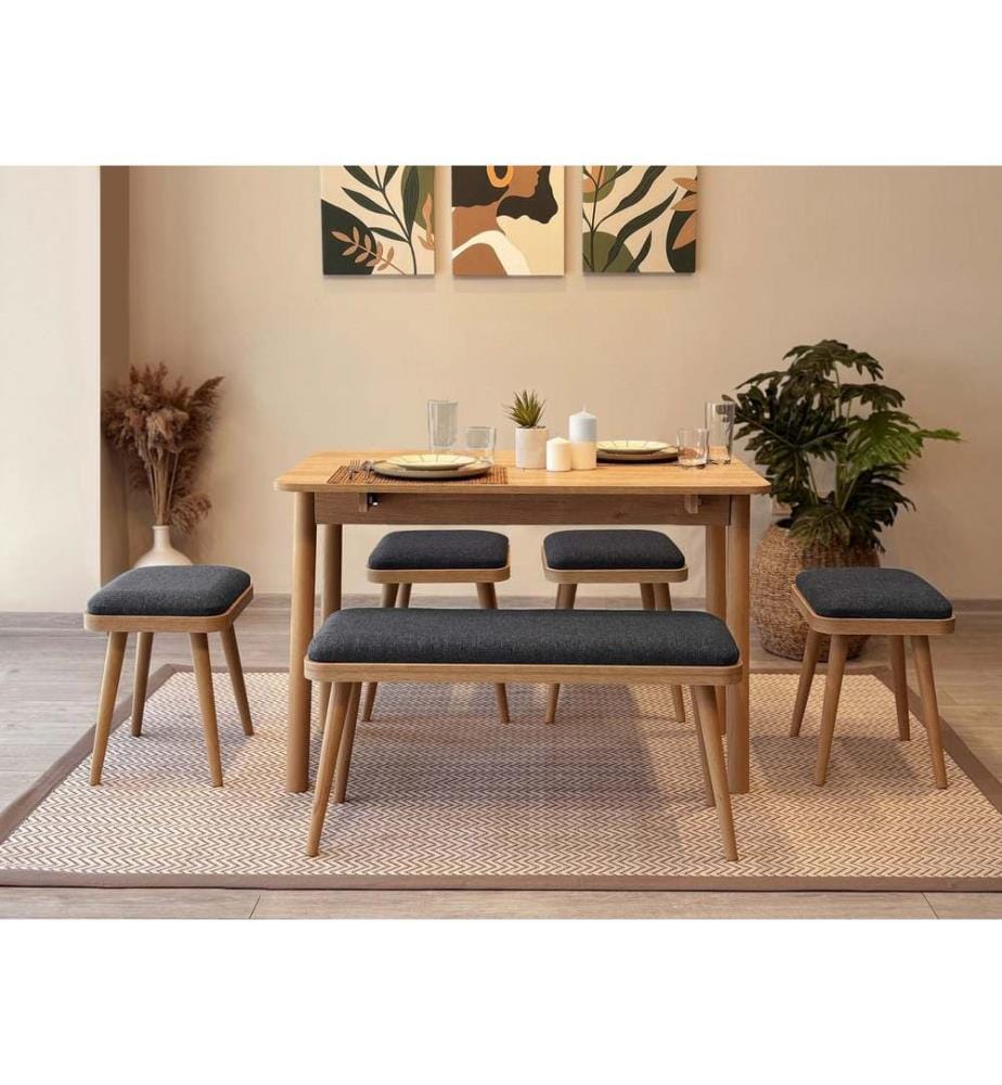 Table de salle à manger extensible avec chaises, 6 pièces, chêne, anthracite, 100 % panneau de particules mélaminé