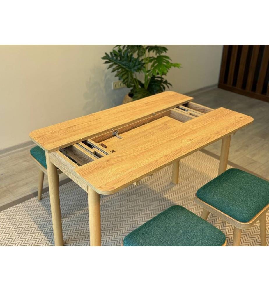 Table de salle à manger extensible avec chaises, 6 pièces, chêne, vert, 100 % panneau de particules mélaminé