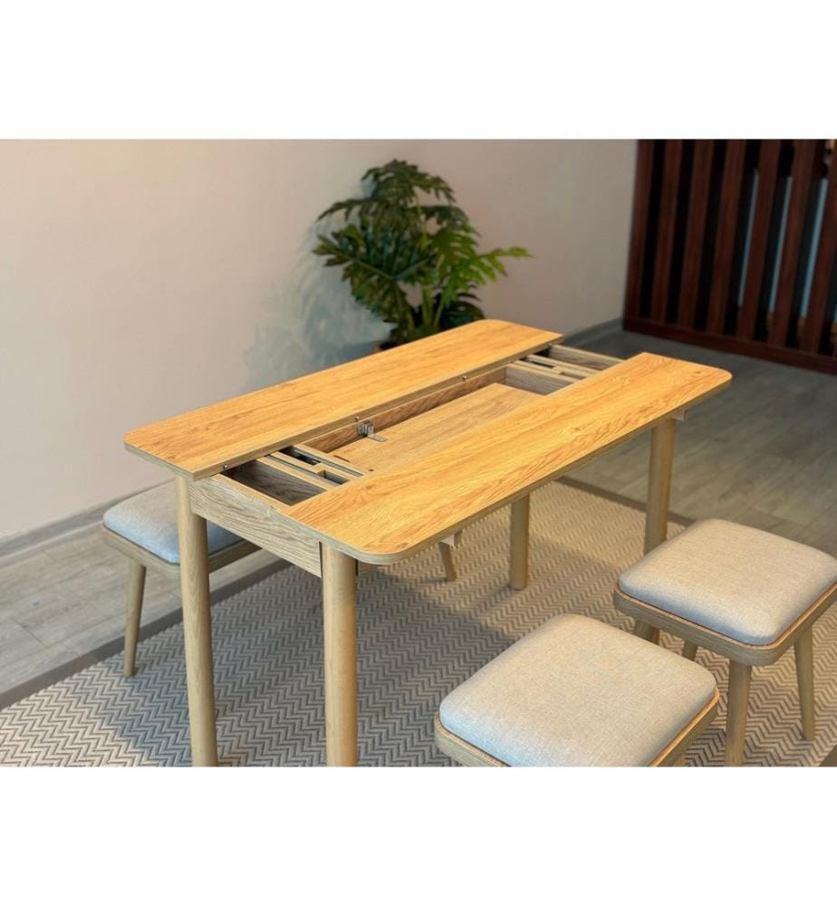 Table de salle à manger extensible avec chaises, 4 pièces, Chêne, Crème, 100 % panneau de particules mélaminé
