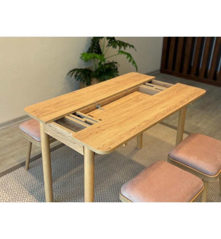 Table de salle à manger extensible avec chaises, 4 pièces, chêne, pierre, 100 % panneau de particules mélaminé