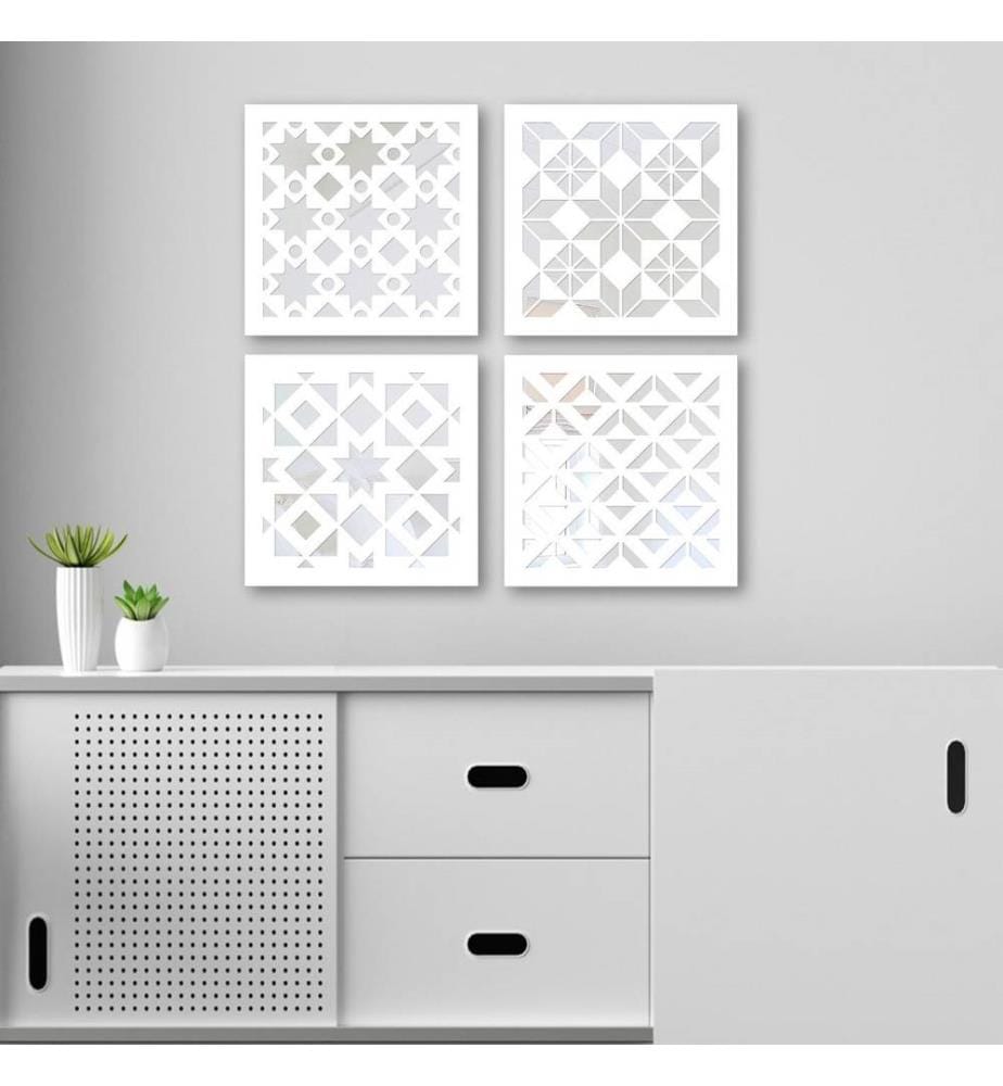 Mirror Set, 4 Pieces, Silver, Glass, MDF Laser Cut Pattern
