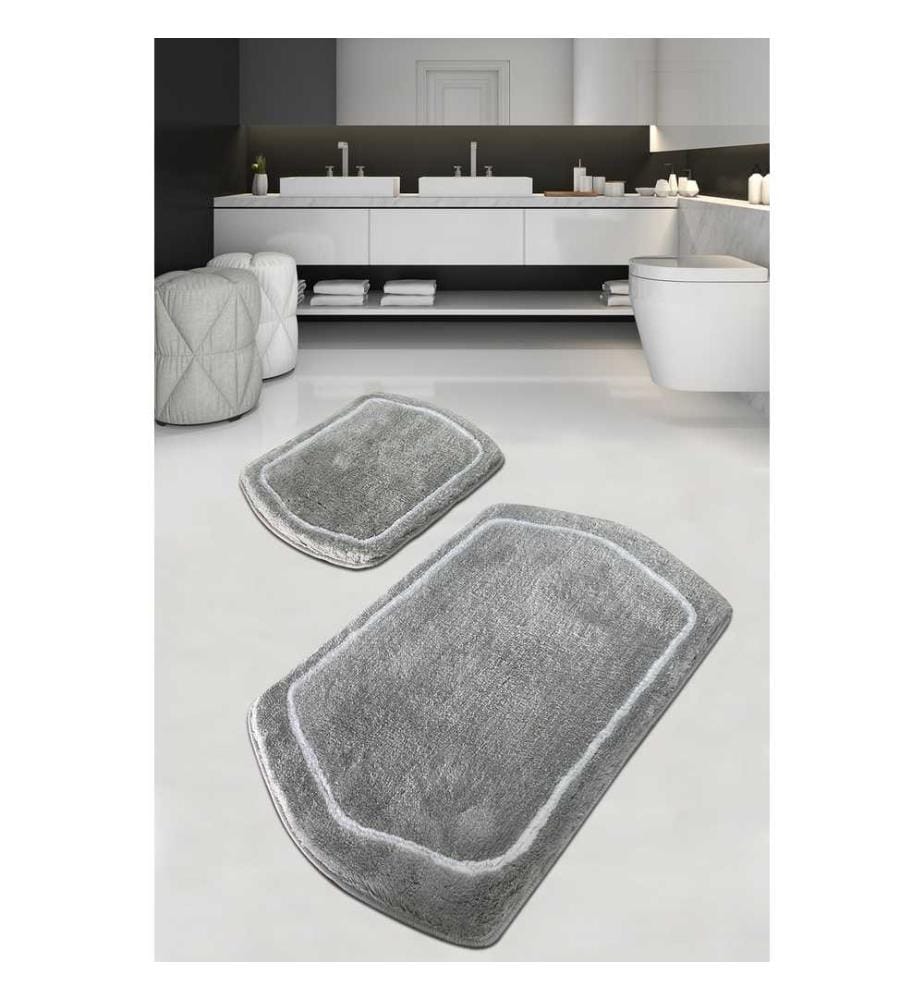 Set de tapis de bain, 2 pièces, gris, acrylique, 18-30 mm hauteur des poils