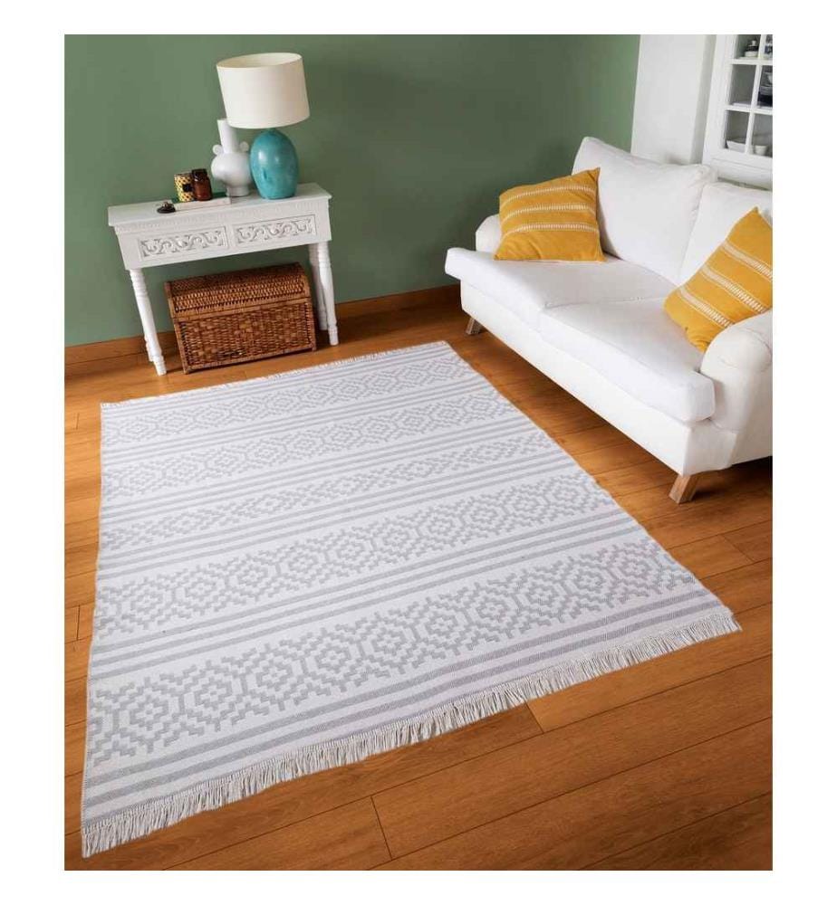 Tapis de hall, blanc, gris, 100% coton, 80 x 150 cm
