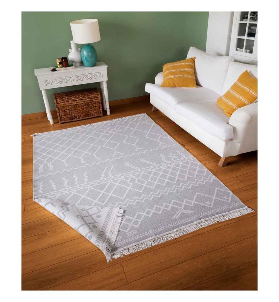 Tapis de hall, blanc, gris, 100% coton, 80 x 150 cm