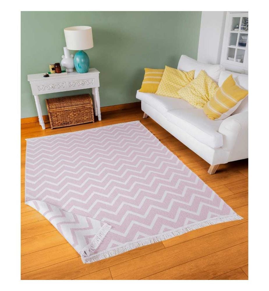 Tapis de salle, blanc, rose, 100% coton, 80 x 150 cm