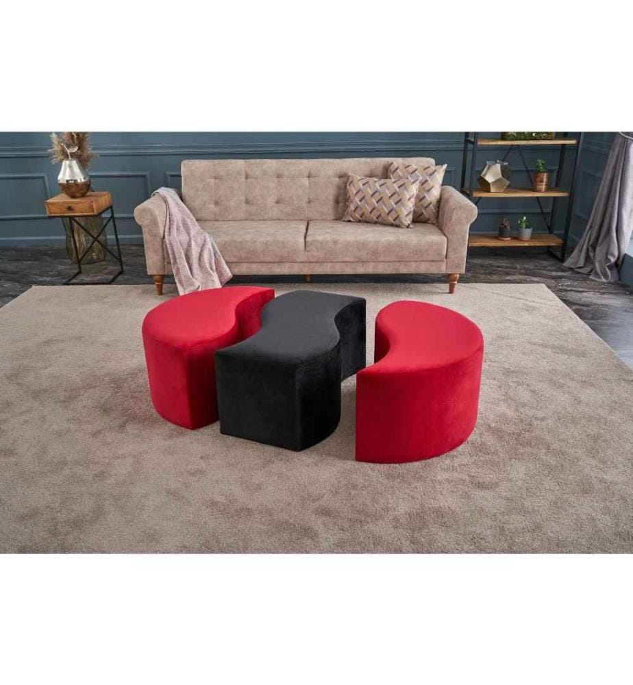 Pouffe, Schwarz, Rot, Polyester & Samt, Holzkörper