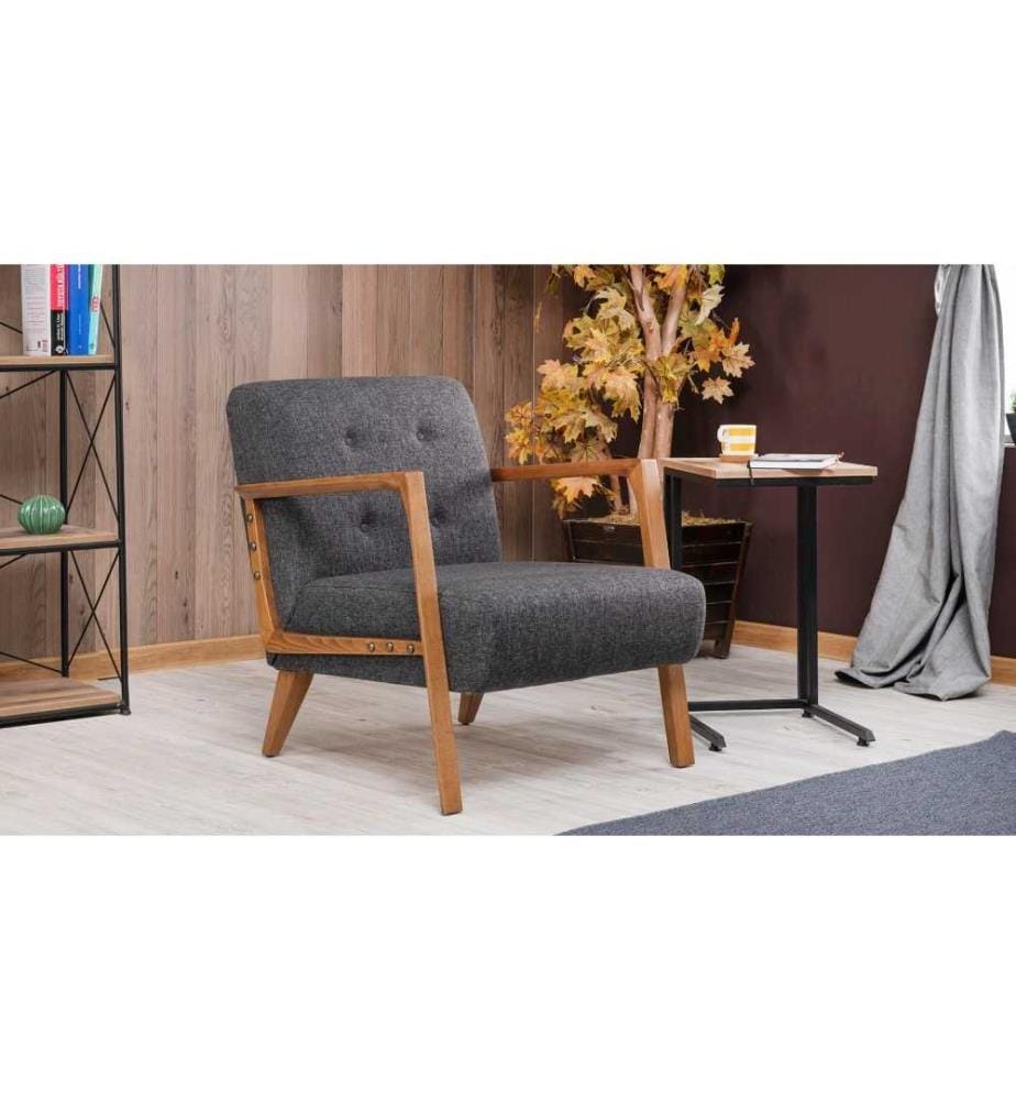 Wing Chair, Dark Grey, Beech Wood Frame, Polyester Fabric