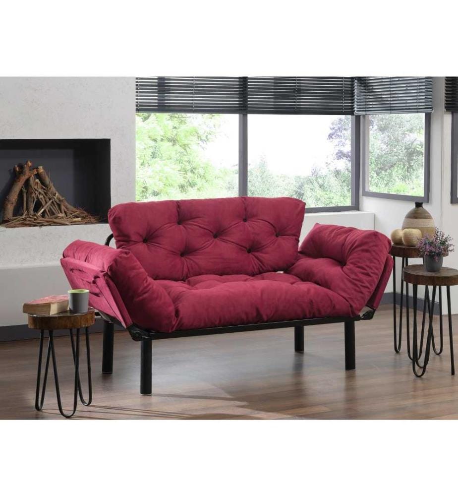 2-Seat Sofa-Bed, Maroon, Metal Frame, Easy Clean Fabric Fabric