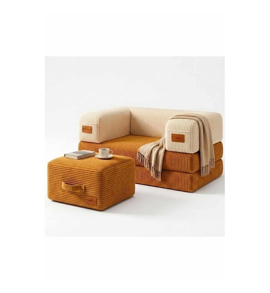 1-Sitzer-Sofa- und Pouf-Set, Senfgelb, Creme, Stoff: Polyester/Leinen