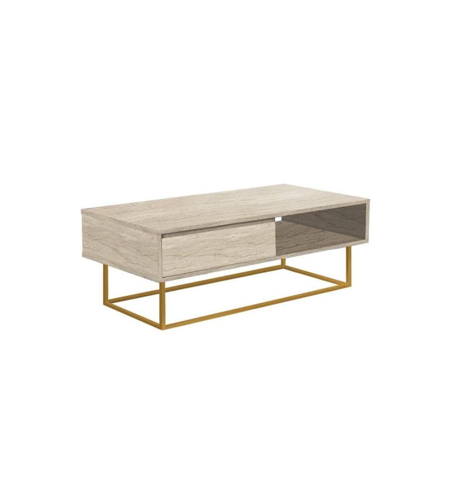 Table basse, Travertin, PANNEAU DE PARTICULES 100 % MÉLAMINÉ, structure métallique