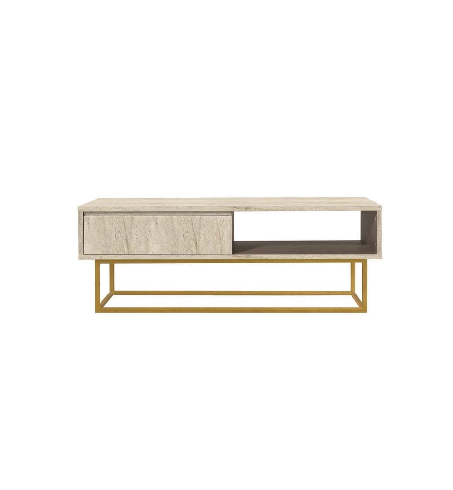 Table basse, Travertin, PANNEAU DE PARTICULES 100 % MÉLAMINÉ, structure métallique