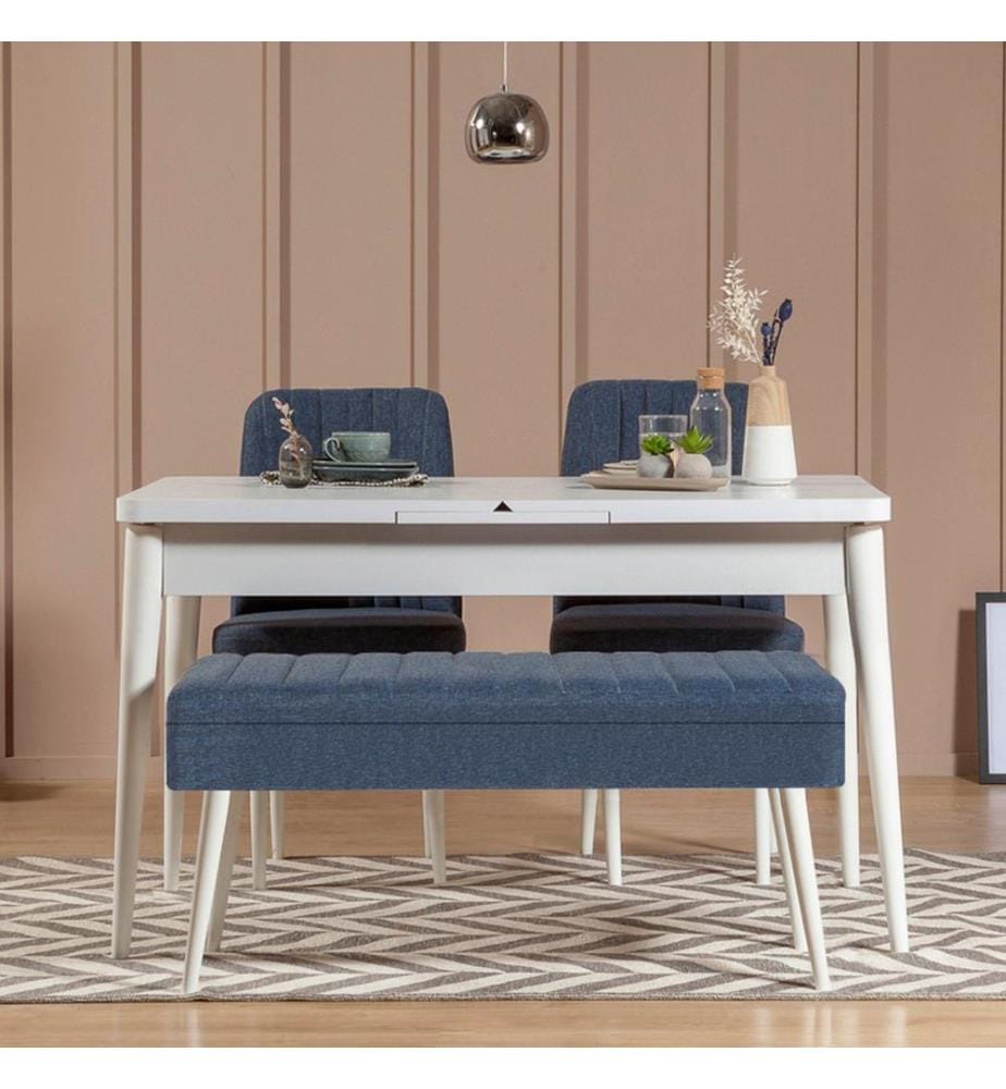 Extendable Dining Table & Chairs Set , 4 Pieces, White, Dark Blue, Melamine Coated Particle Board