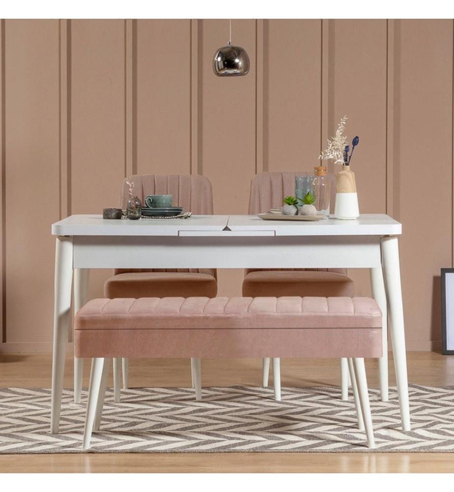 Ensemble table et chaises à rallonges, 4 pièces, blanc, pierre, panneau de particules mélaminé