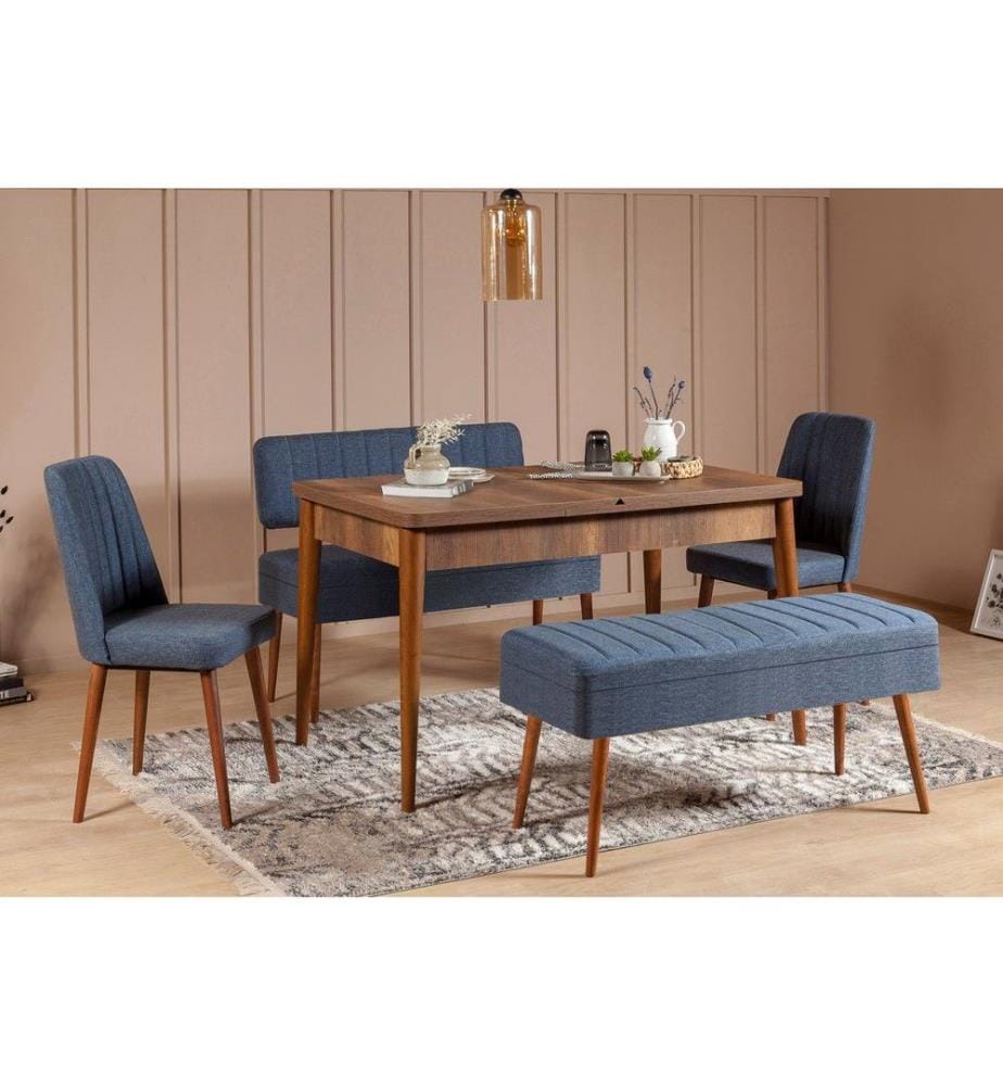 Extendable Dining Table & Chairs Set , 5 Pieces, Walnut, Dark Blue, Melamine Coated Particle Board