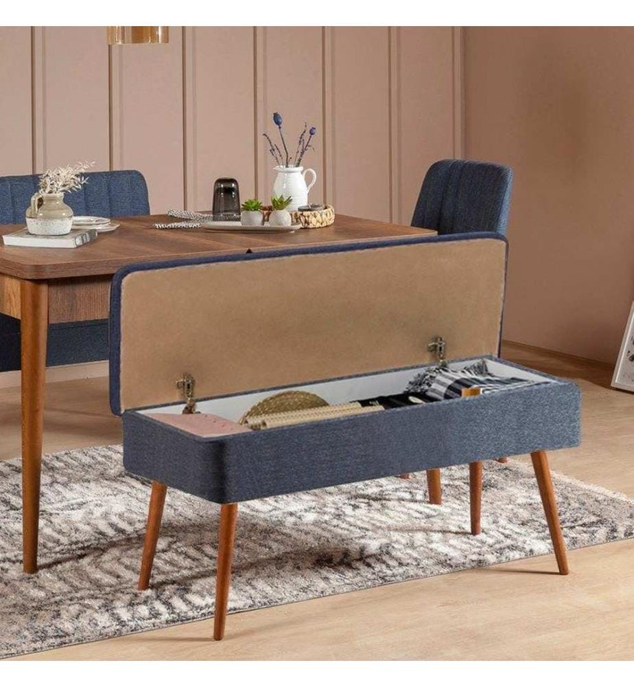 Extendable Dining Table & Chairs Set , 5 Pieces, Walnut, Dark Blue, Melamine Coated Particle Board