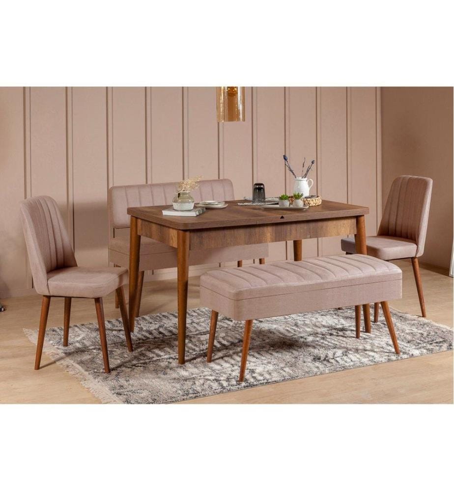 Ensemble table et chaises à rallonges, 5 pièces, noyer, pierre, panneau de particules mélaminé