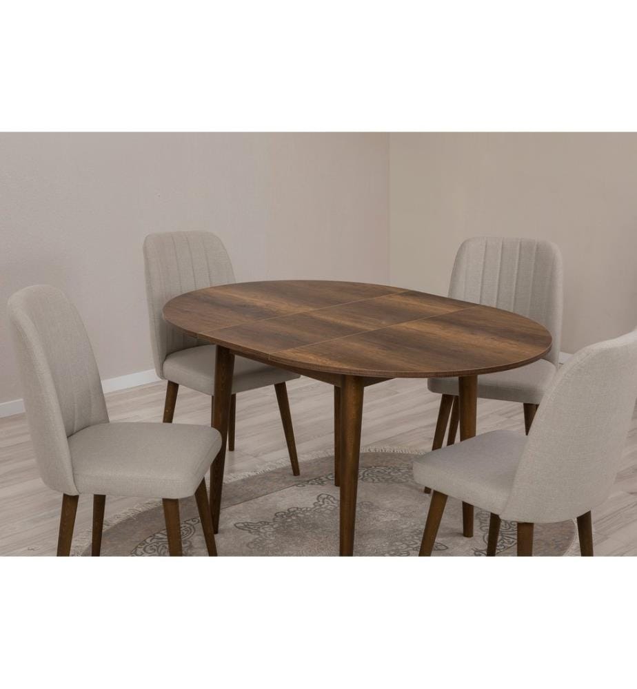 Ensemble table et chaises à rallonges, 5 pièces, noyer, crème, panneau de particules mélaminé