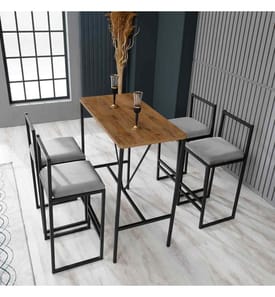 Set di tavoli e sgabelli da bar, 5 pezzi, Grigio, Noce, Nero, Truciolato rivestito in melamina, Struttura: Metallo