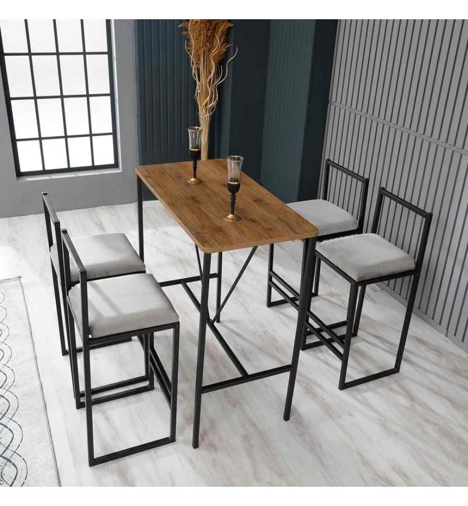 Bar Tisch & Hocker Set , 5 Teile, Creme, Nussbaum, Schwarz, Melaminbeschichtete Spanplatte, Rahmen: Metall