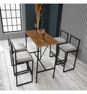 Bar Tisch & Hocker Set , 5 Teile, Creme, Nussbaum, Schwarz, Melaminbeschichtete Spanplatte, Rahmen: Metall