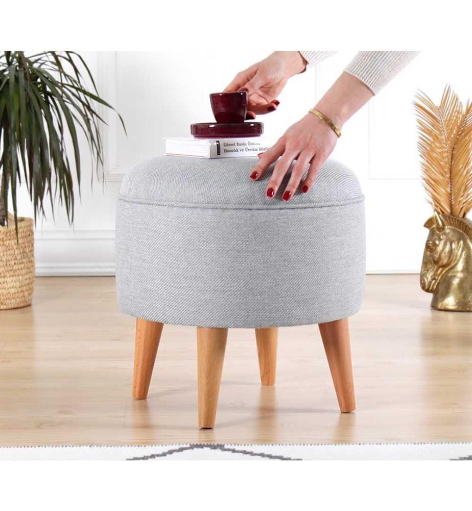 Pouffe, Grau, 50% Baumwolle - 50% Samt, Holzbeine