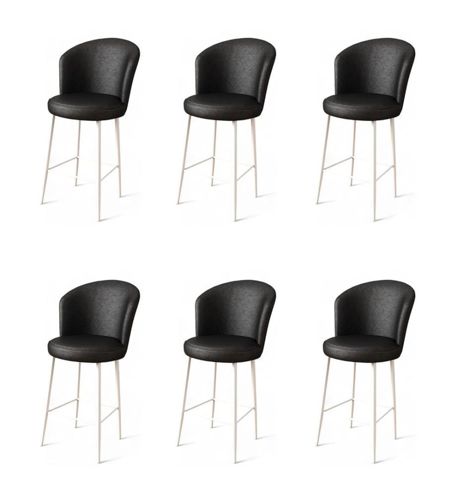 Ensemble de tabourets de bar, 6 pièces, noir, blanc, cadre : Métal, Tissu : Faux cuir