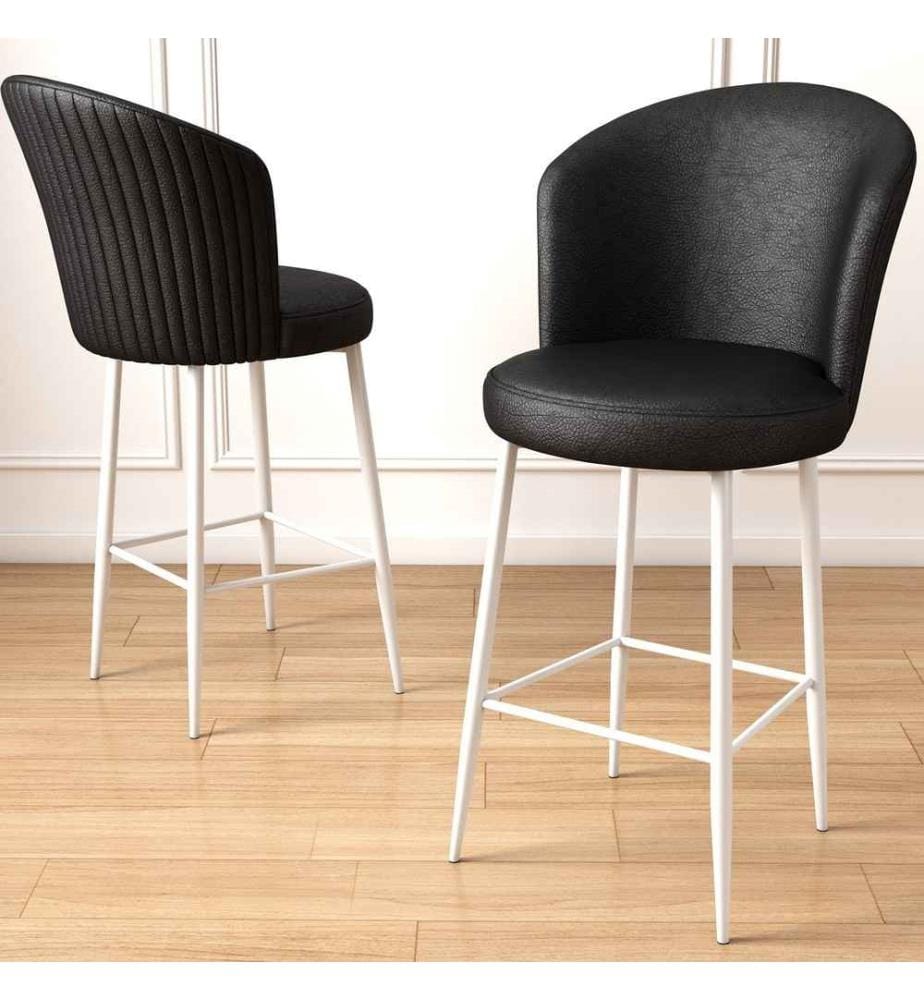 Ensemble de tabourets de bar, 6 pièces, noir, blanc, cadre : Métal, Tissu : Faux cuir