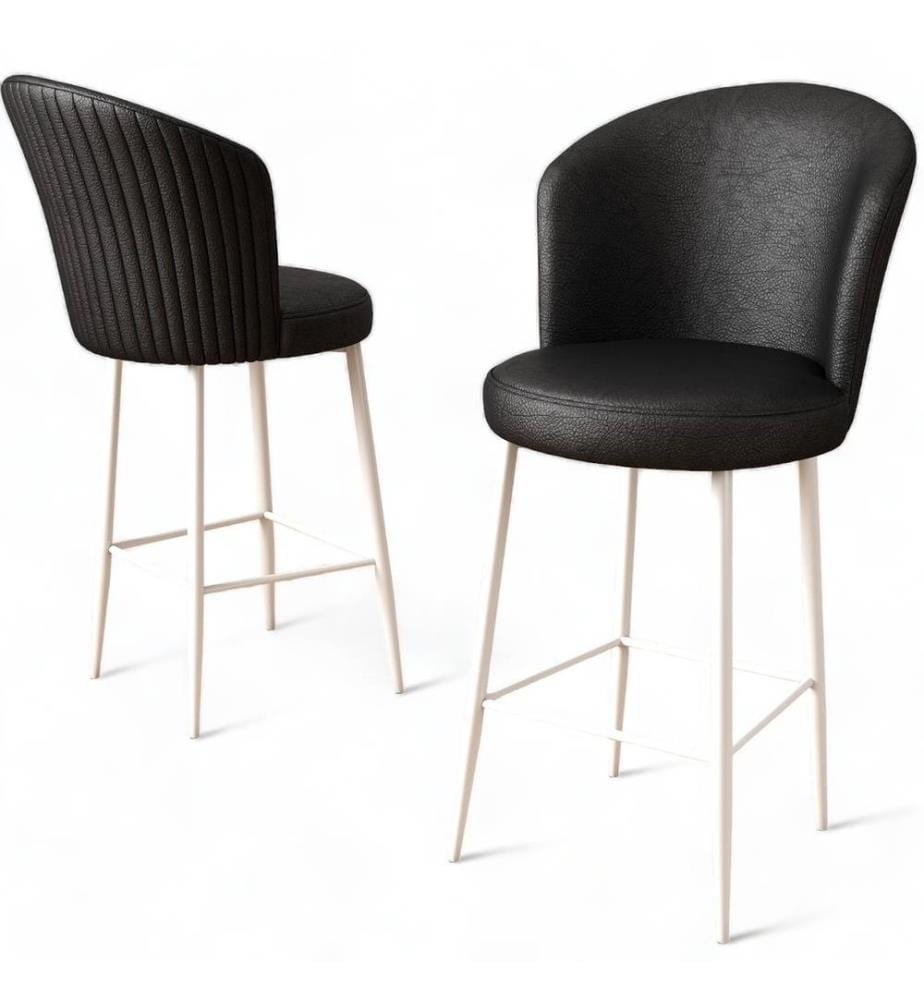 Ensemble de tabourets de bar, 6 pièces, noir, blanc, cadre : Métal, Tissu : Faux cuir