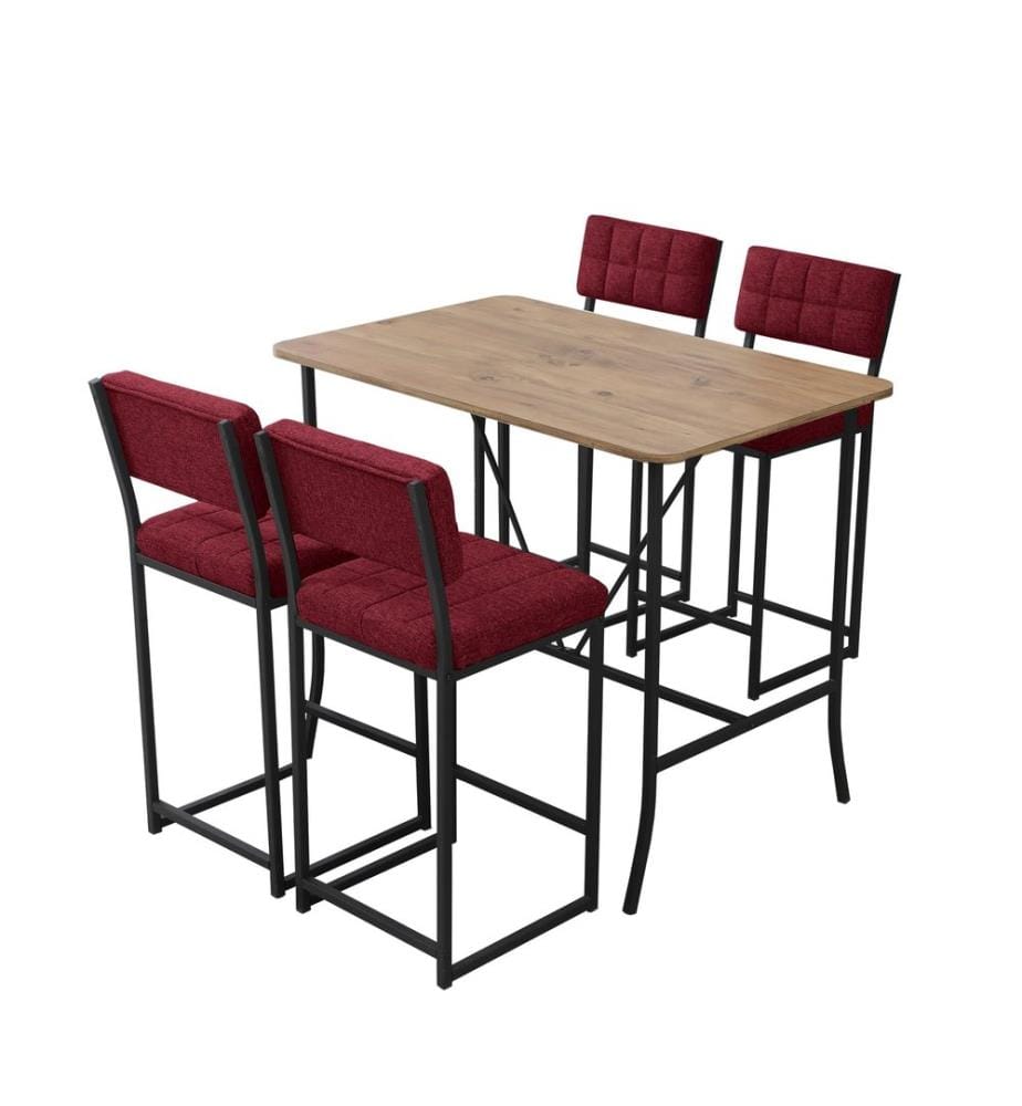 Set composto da tavolo e sgabelli da bar, 5 pezzi, bordeaux, noce, in truciolato rivestito in melamina al 100%.