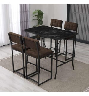 Set composto da tavolo e sgabelli da bar, 5 pezzi, marrone e nero, in truciolato rivestito in melamina al 100%.