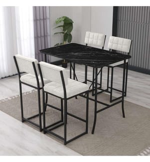 Set composto da tavolo e sgabelli da bar, 5 pezzi, color crema e nero, in truciolato rivestito in melamina al 100%.