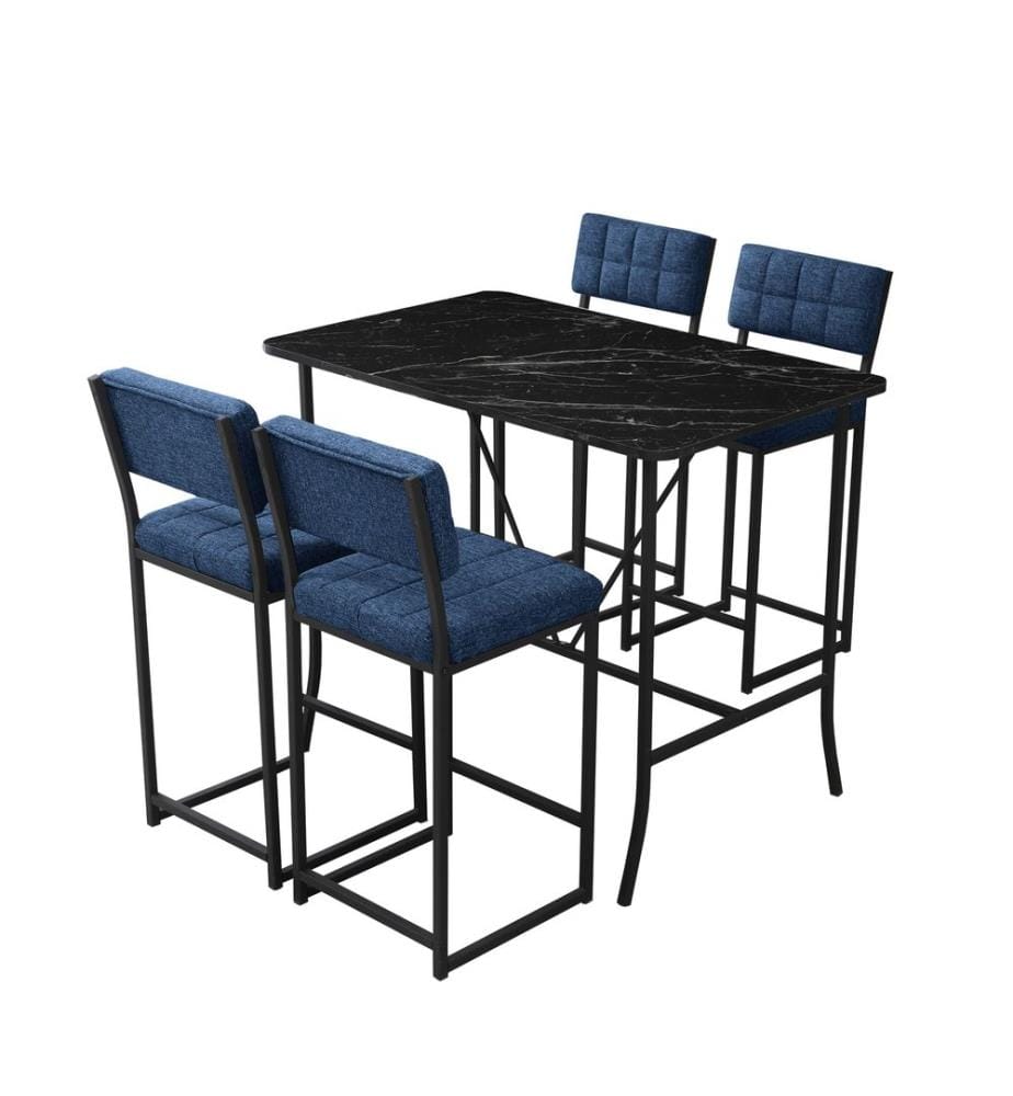 Set composto da tavolo e sgabelli da bar, 5 pezzi, blu navy e nero, in truciolato rivestito in melamina al 100%.