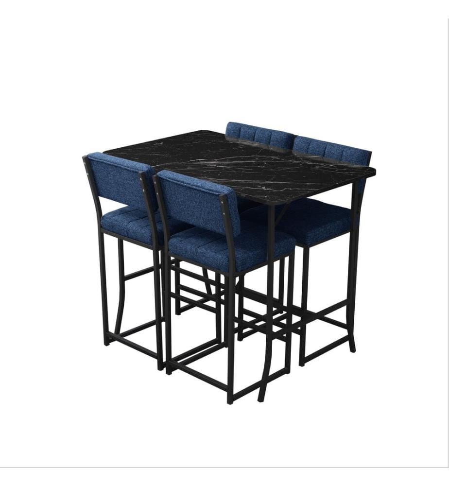 Set composto da tavolo e sgabelli da bar, 5 pezzi, blu navy e nero, in truciolato rivestito in melamina al 100%.