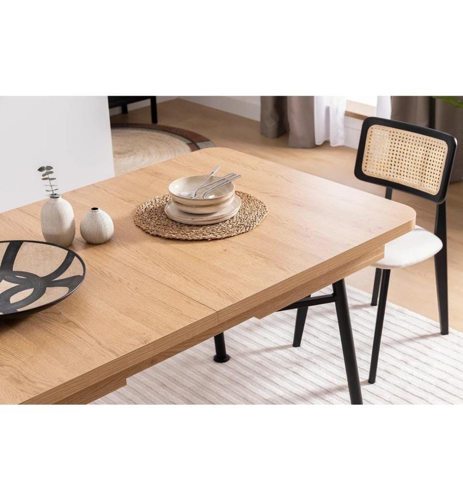 Table à rallonges, naturel, 100 % PANNEAU DE PARTICULES ENDUIT DE MÉLAMINE, pieds en métal