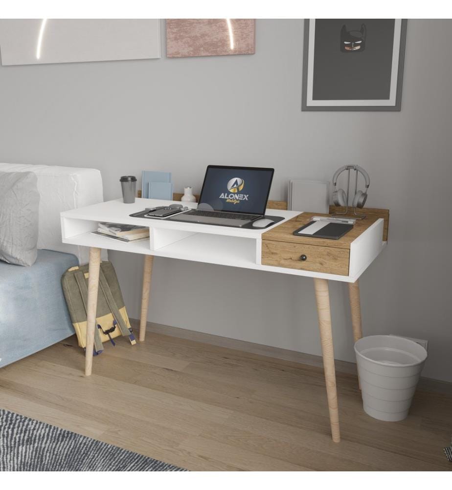 Bureau, blanc, chêne, 100 % aggloméré mélaminé