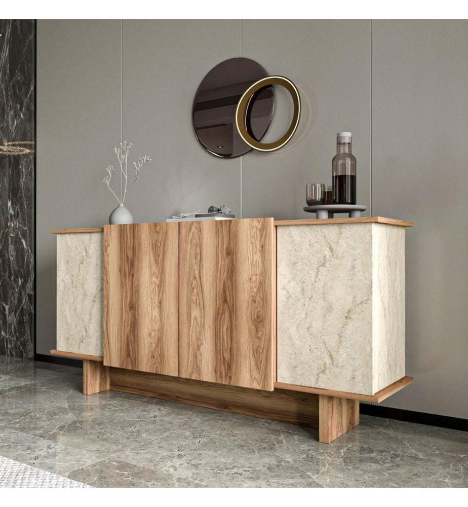 Console, travertin, noyer, 100 % aggloméré mélaminé