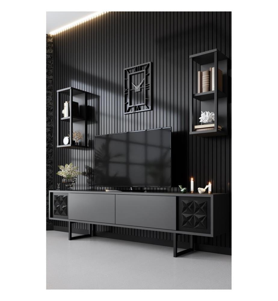 Meuble TV, Anthracite, Noir, Panneau de particules mélaminé, Pieds métal