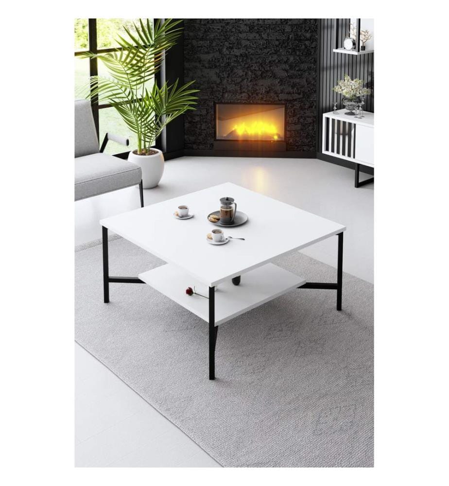 Table basse, Blanc, Noir, Panneau de particules mélaminé, Pieds en métal