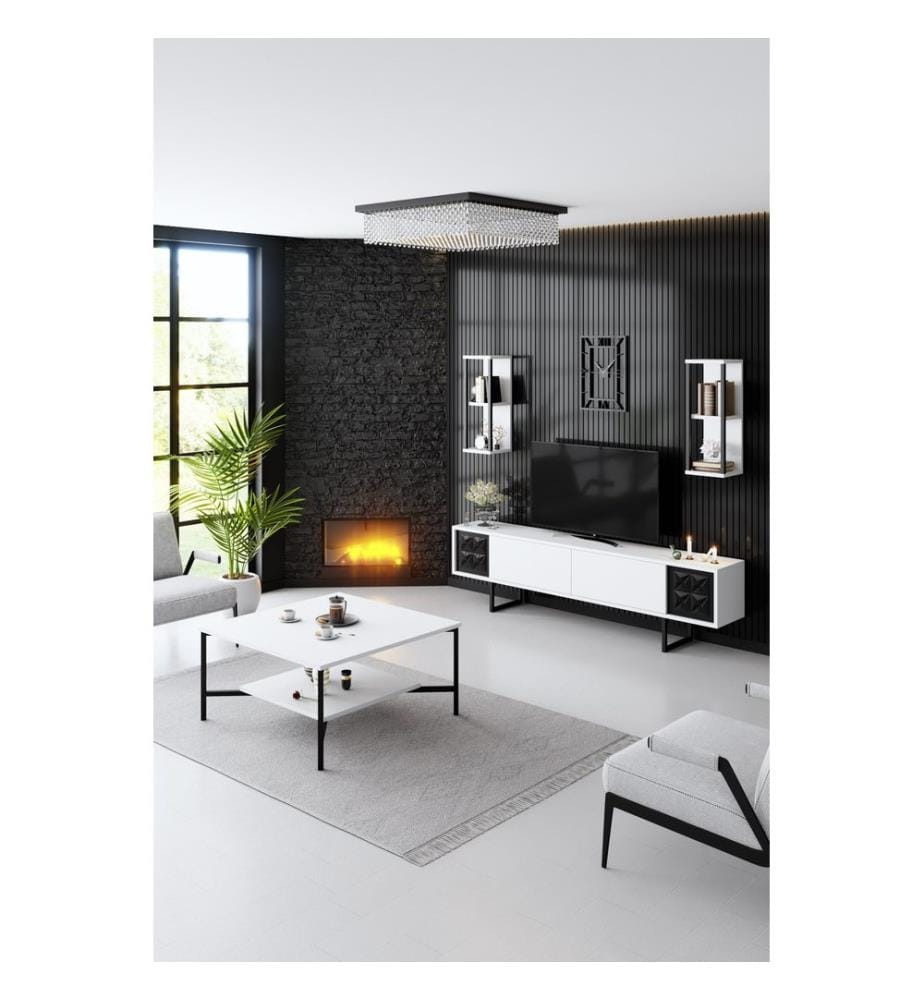 Ensemble de meubles de salon, blanc, noir, panneaux de particules mélaminés, pieds en métal