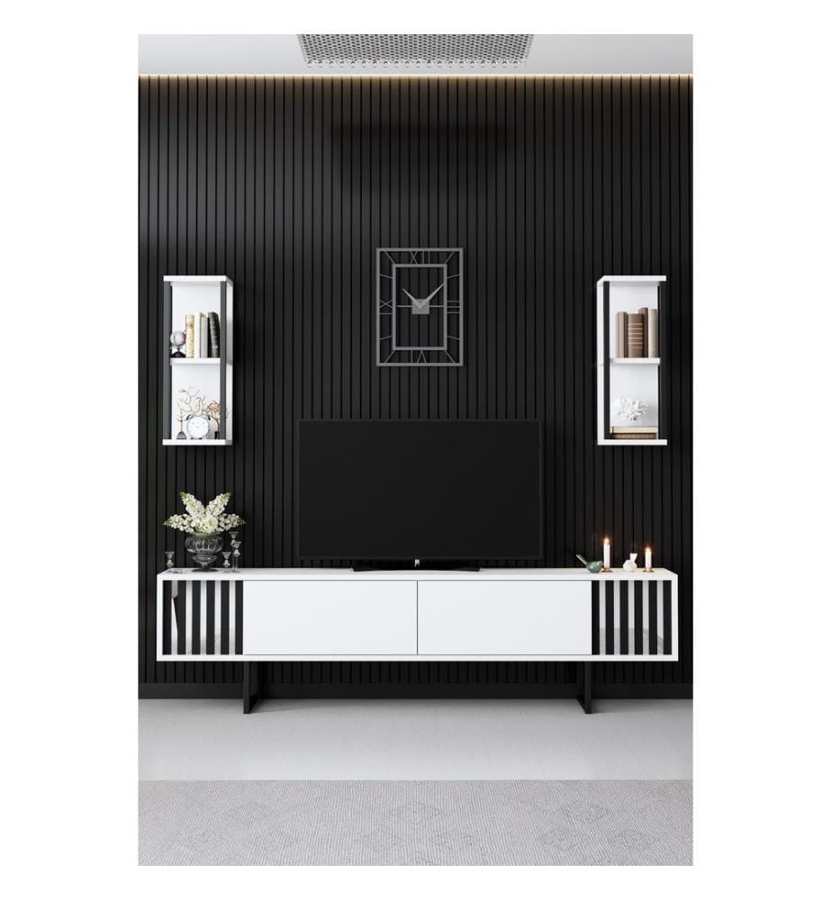 Ensemble de meubles de salon, blanc, noir, panneaux de particules mélaminés, pieds en métal