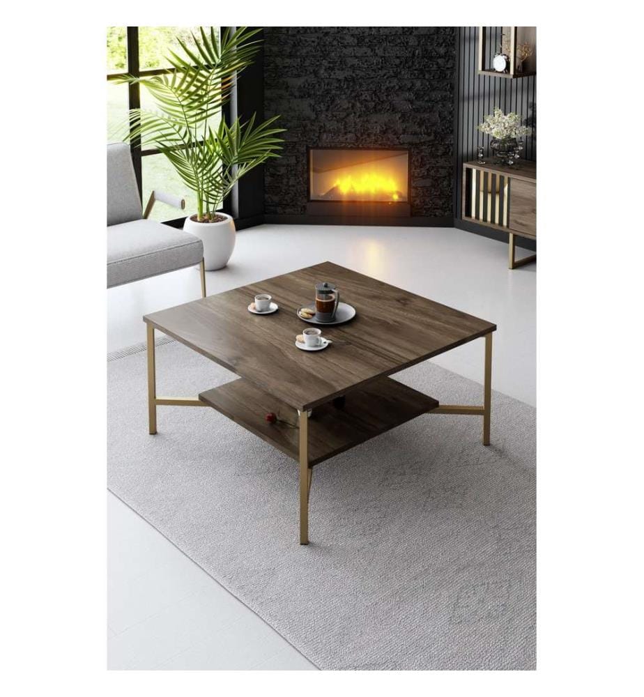 Wohnzimmer-Möbel-Set, Nussbaum, Schwarz, Melaminharzbeschichtete Spanplatte, Metallbeine