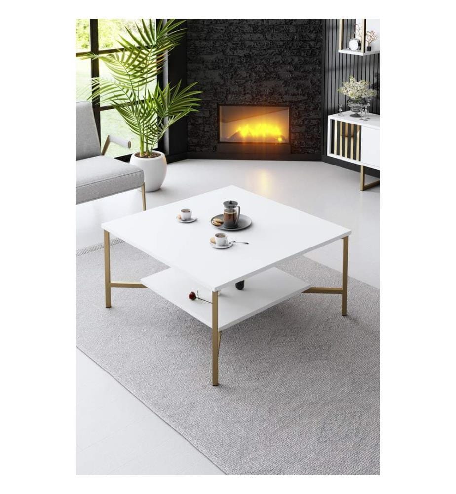 Wohnzimmer-Möbel-Set, Weiss, Gold, Melaminharzbeschichtete Spanplatte, Metallfüsse