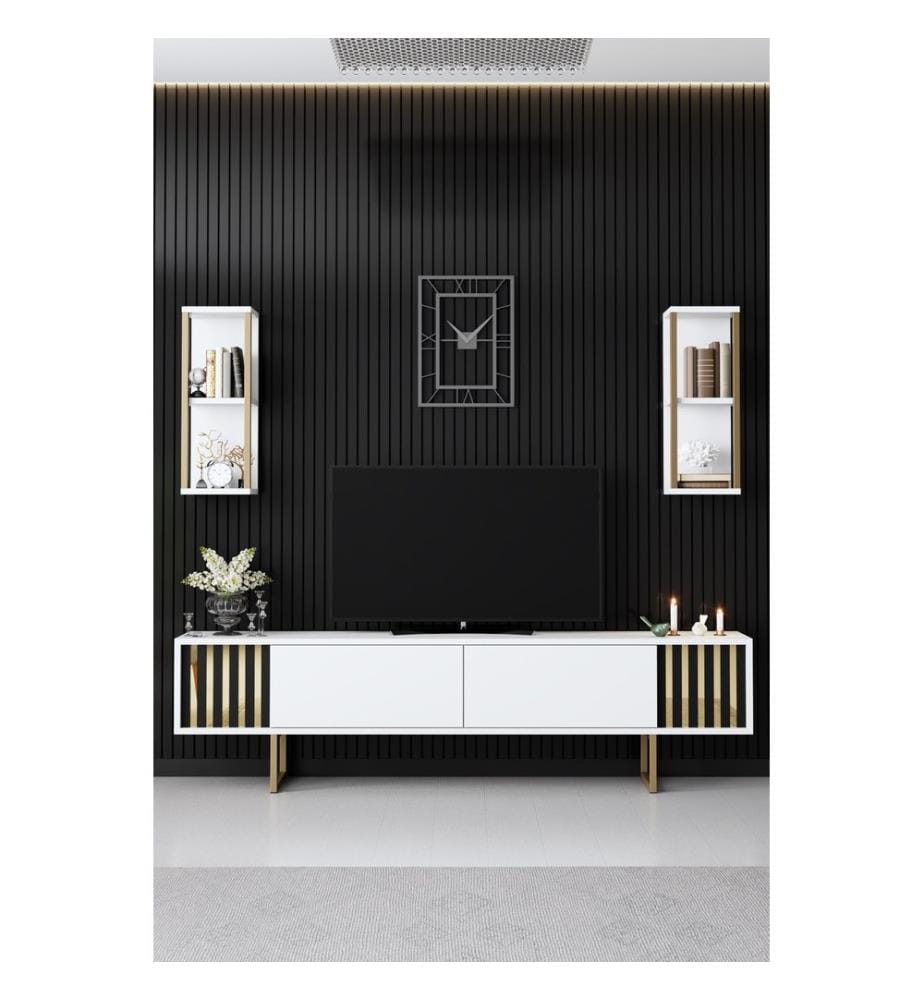 Wohnzimmer-Möbel-Set, Weiss, Gold, Melaminharzbeschichtete Spanplatte, Metallfüsse