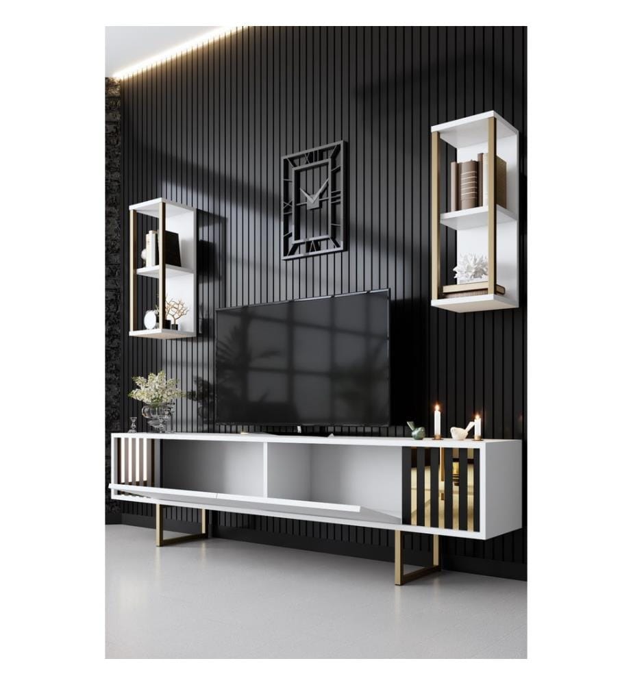 Wohnzimmer-Möbel-Set, Weiss, Gold, Melaminharzbeschichtete Spanplatte, Metallfüsse