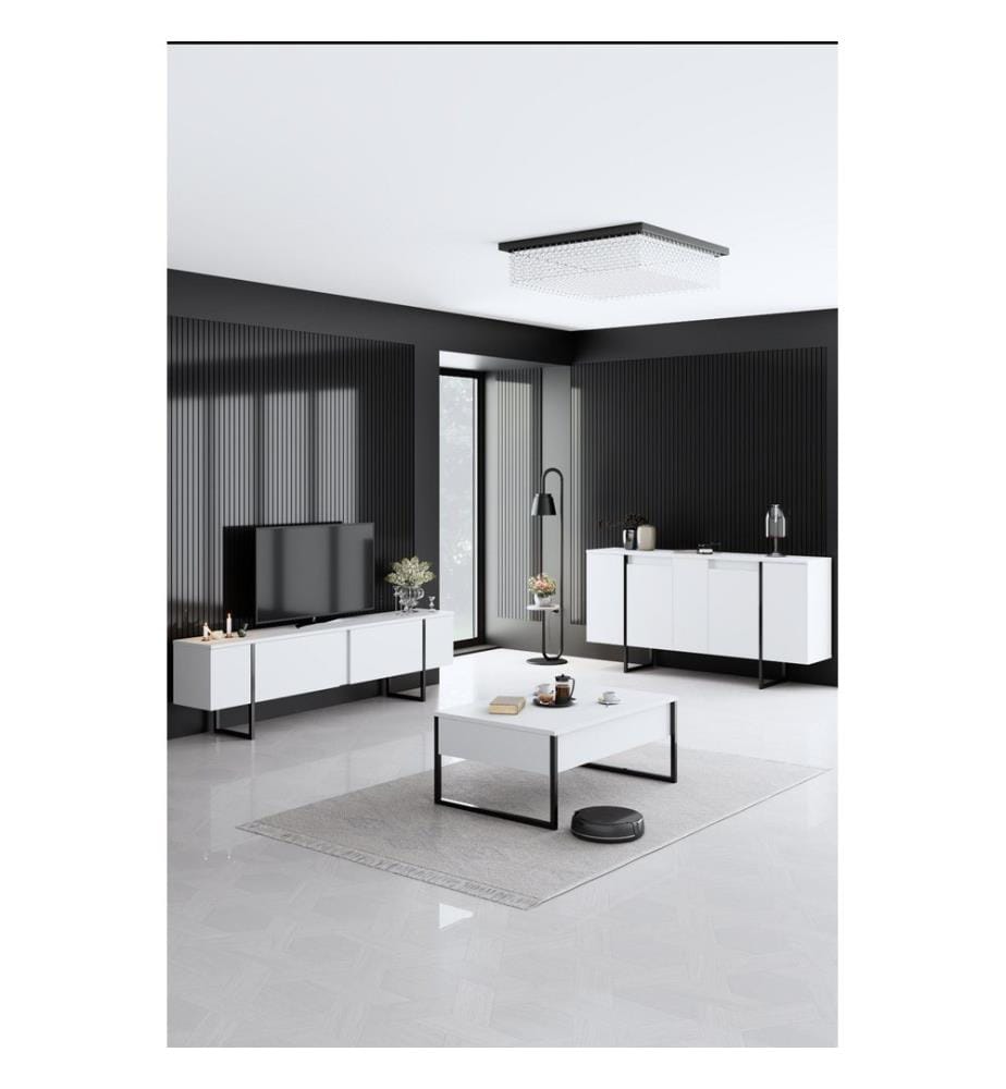 Console, White, Black, Melamine Coated Particle Board, Metal Legs