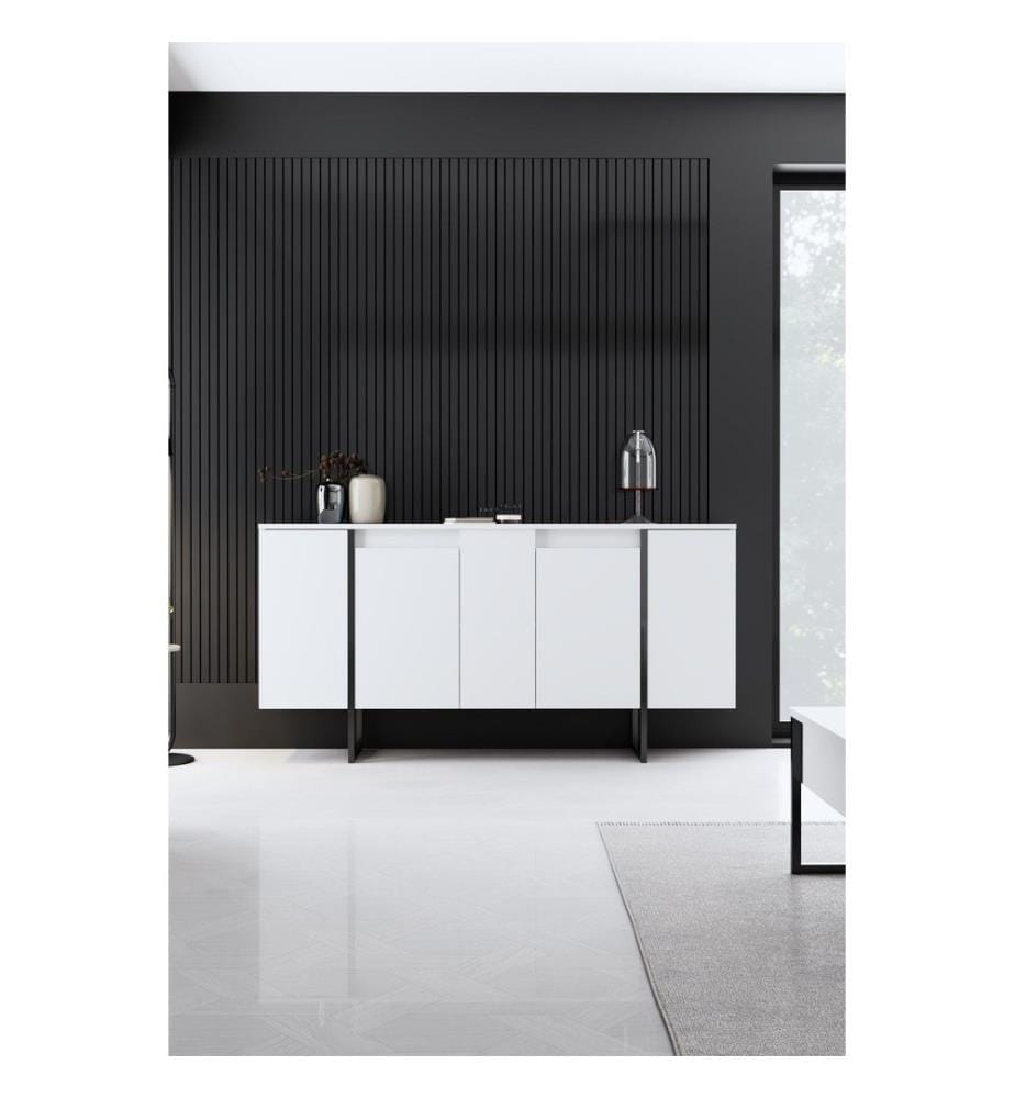 Console, White, Black, Melamine Coated Particle Board, Metal Legs