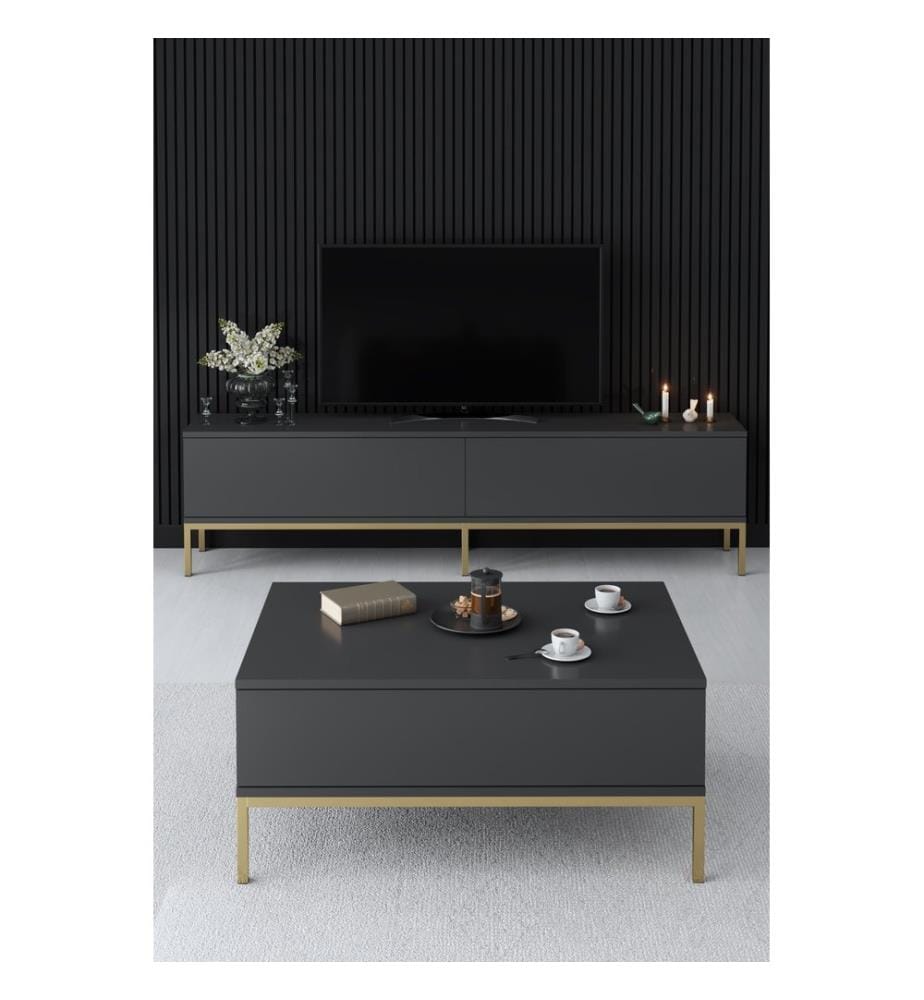 Table basse, anthracite, or, panneau de particules mélaminé, pieds en métal