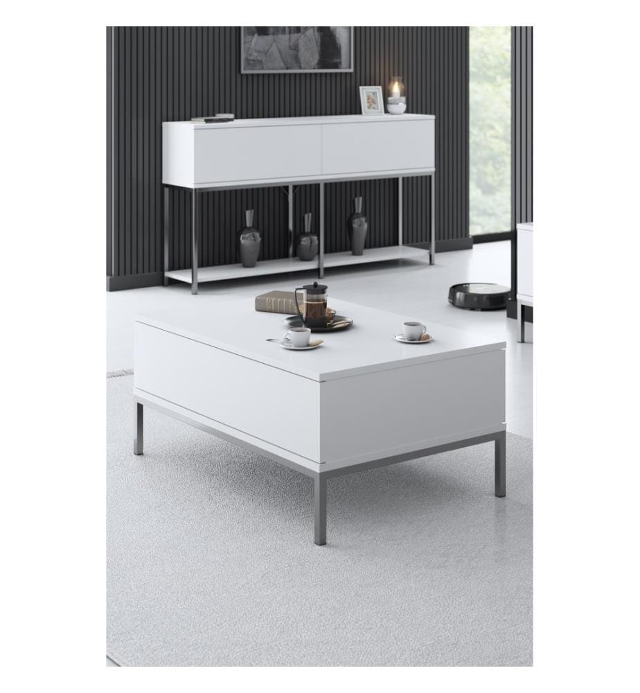 Table basse, blanc, argent, panneau de particules mélaminé, pieds en métal