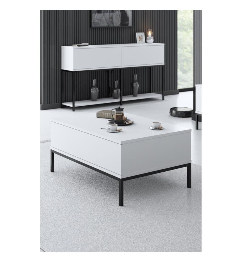 Table basse, noire, blanche, panneau de particules mélaminé, pieds en métal